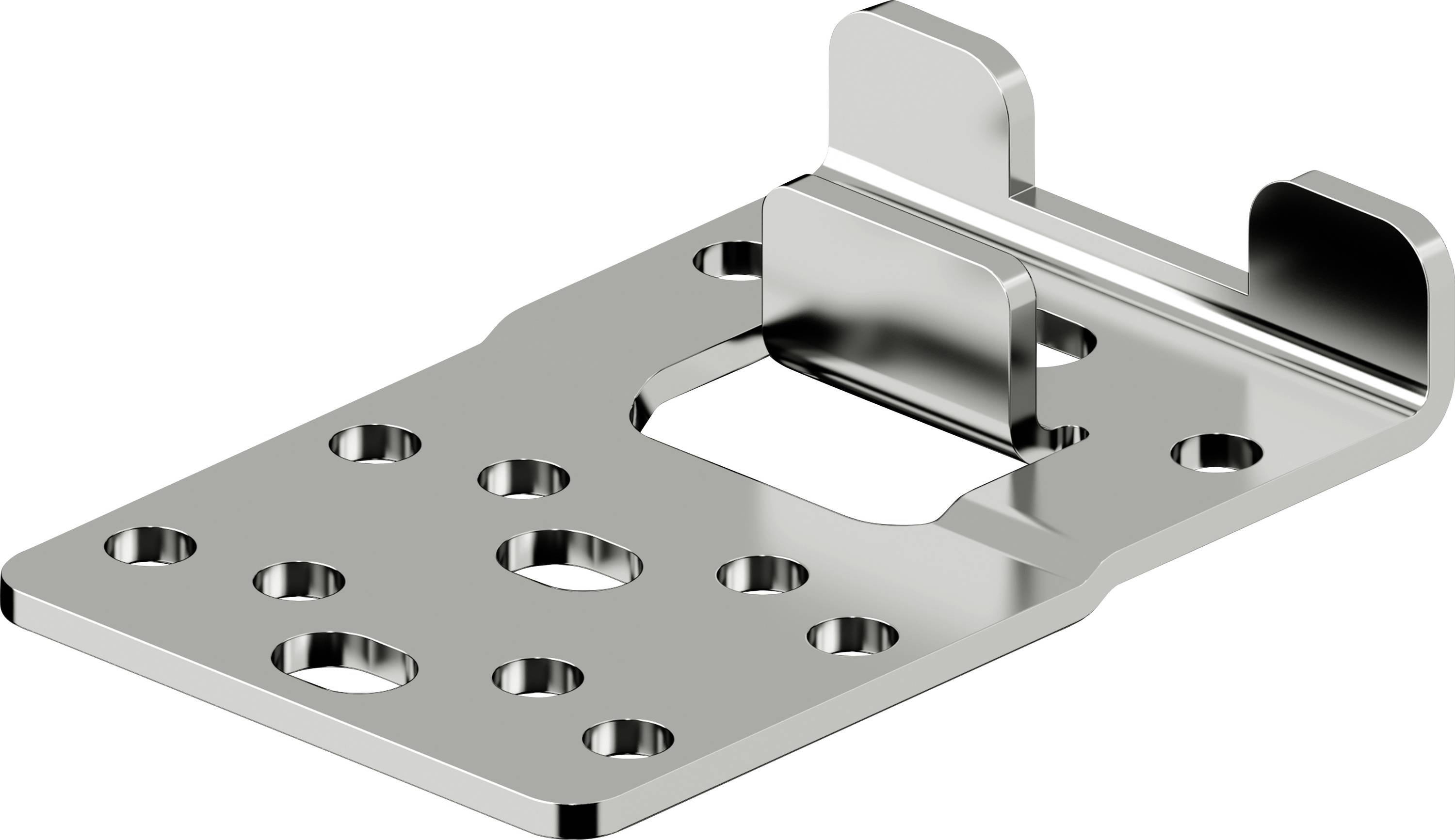 A silver metal part with multiple drilled holes and a raised edge, possibly a mounting bracket for securing components.