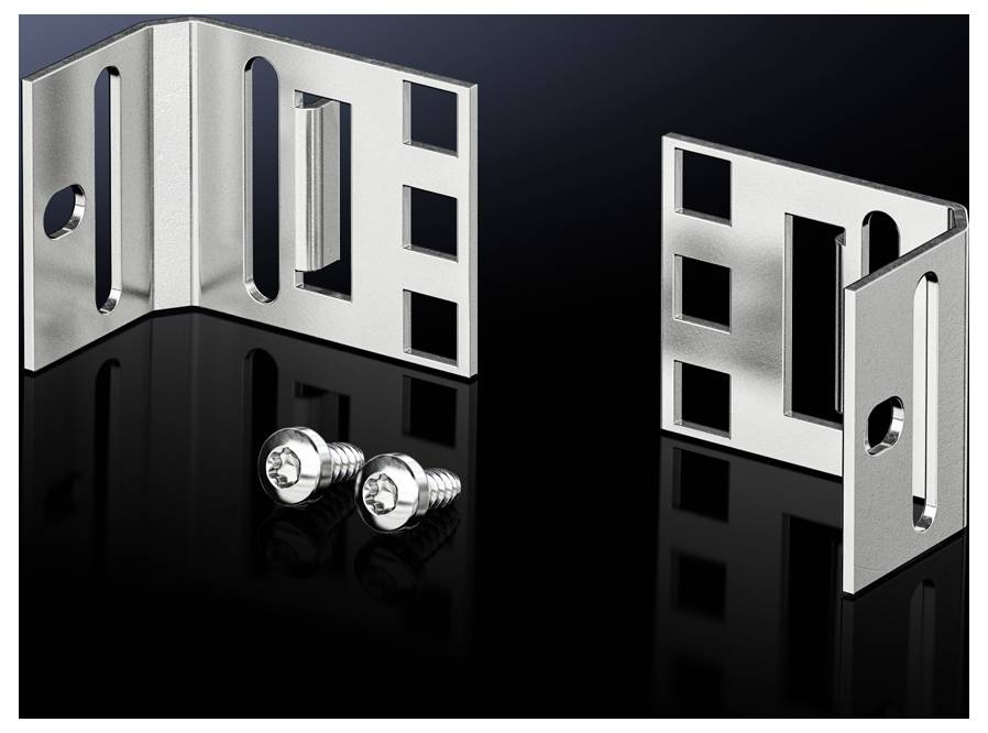 Two silver metal brackets with rectangular cutouts, complemented by two matching screws, on a black background.