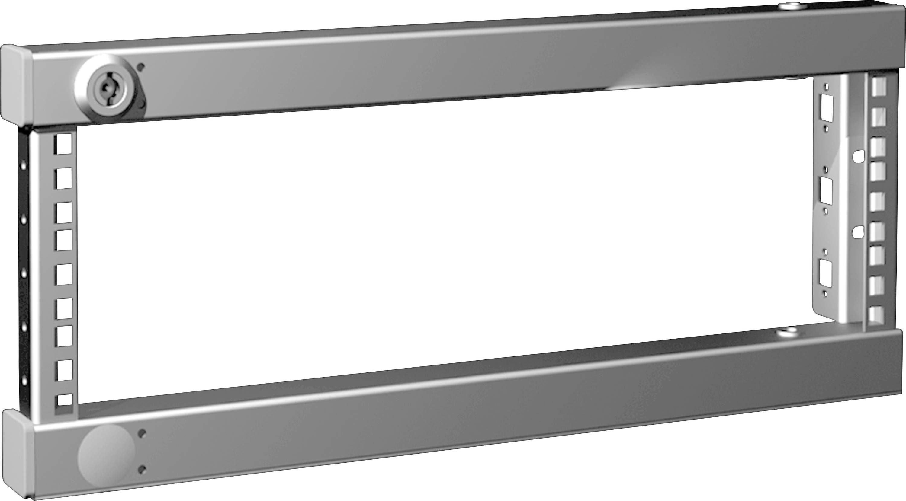 Metal frame with rectangular opening, suitable for installation in technical equipment or control cabinets, shows fixing and mounting options.