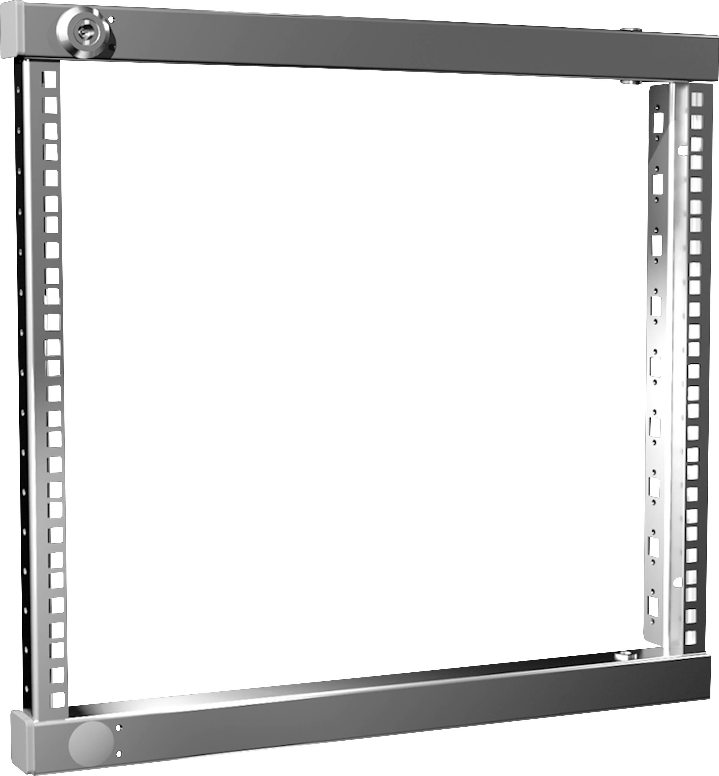 An empty, rectangular, metal frame with numbering on the sides. A security lock is located in the top left corner.