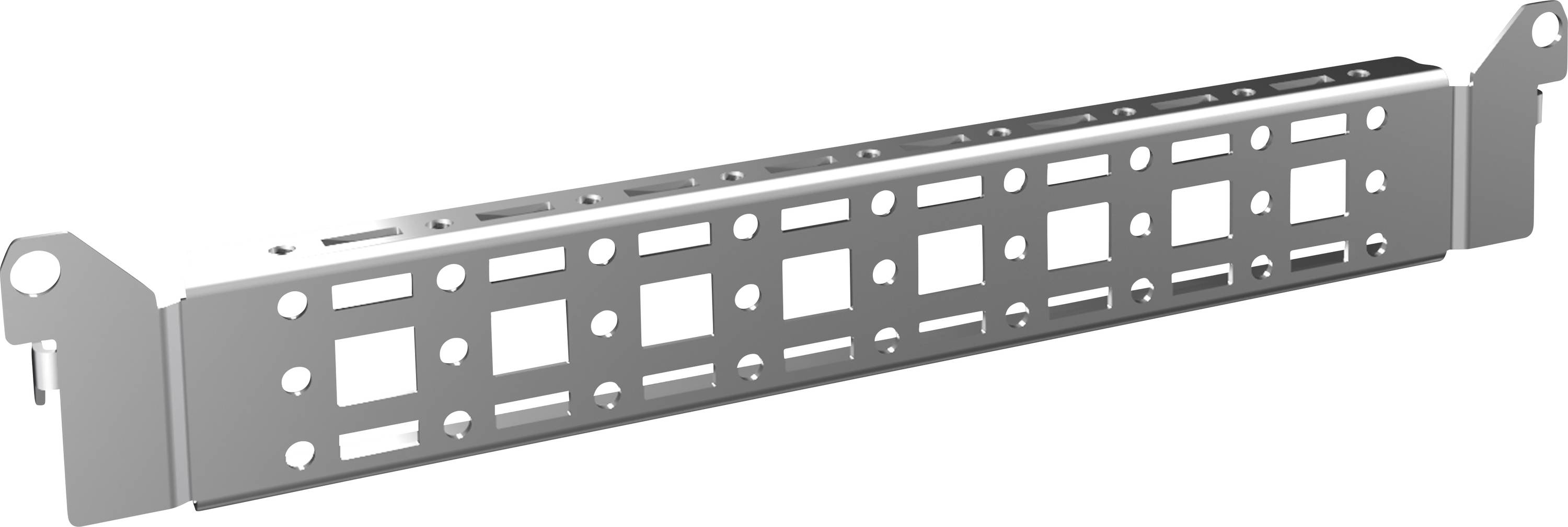 A grey, rectangular metal bracket with symmetrical square and rectangular cutouts.