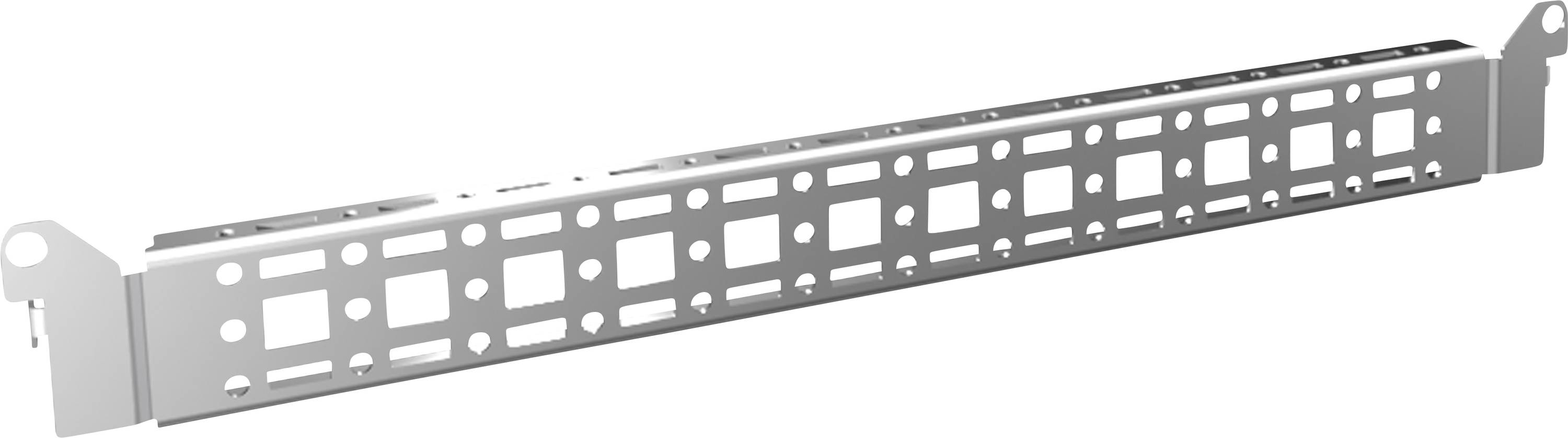 A mountable, rectangular metal cable management arm with multiple holes and hooks; used for organising cables.