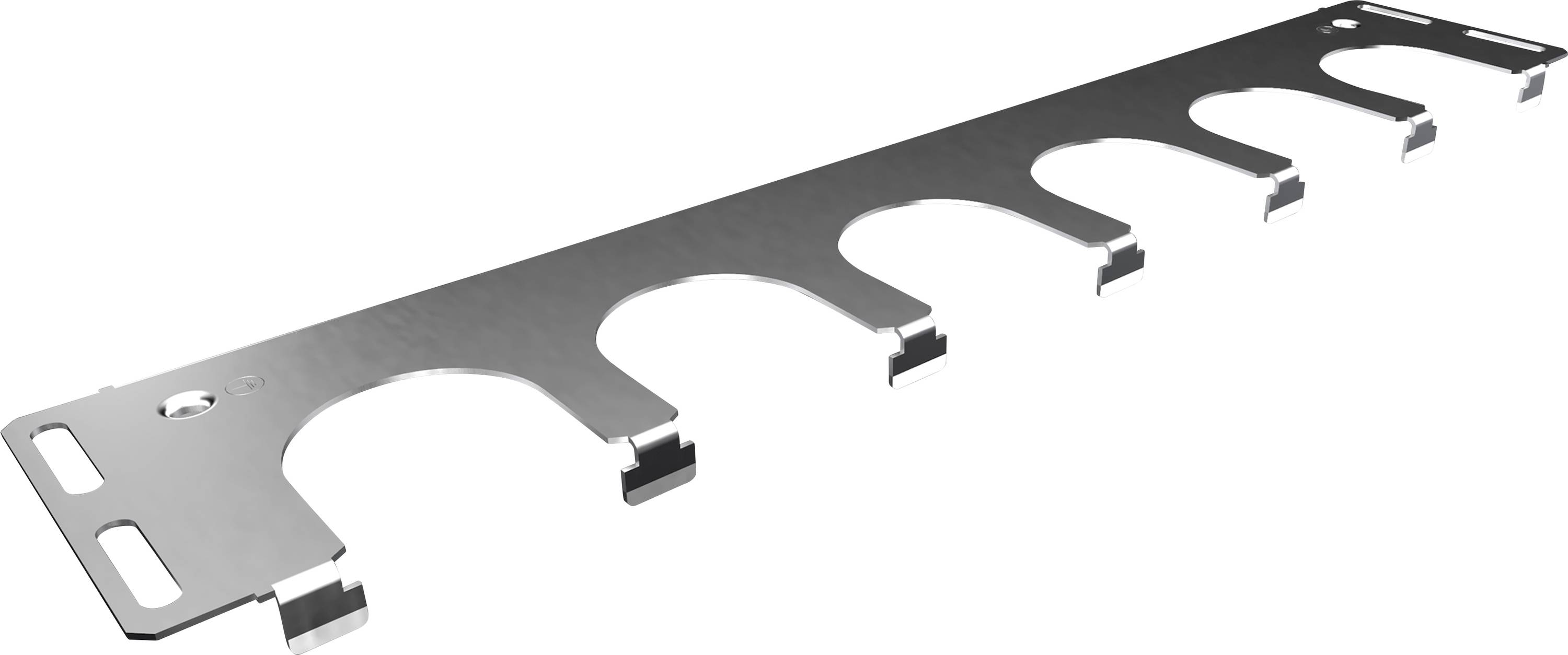 Metal bracket with multiple evenly spaced cutouts, suitable for mounting or organising cables or hoses.