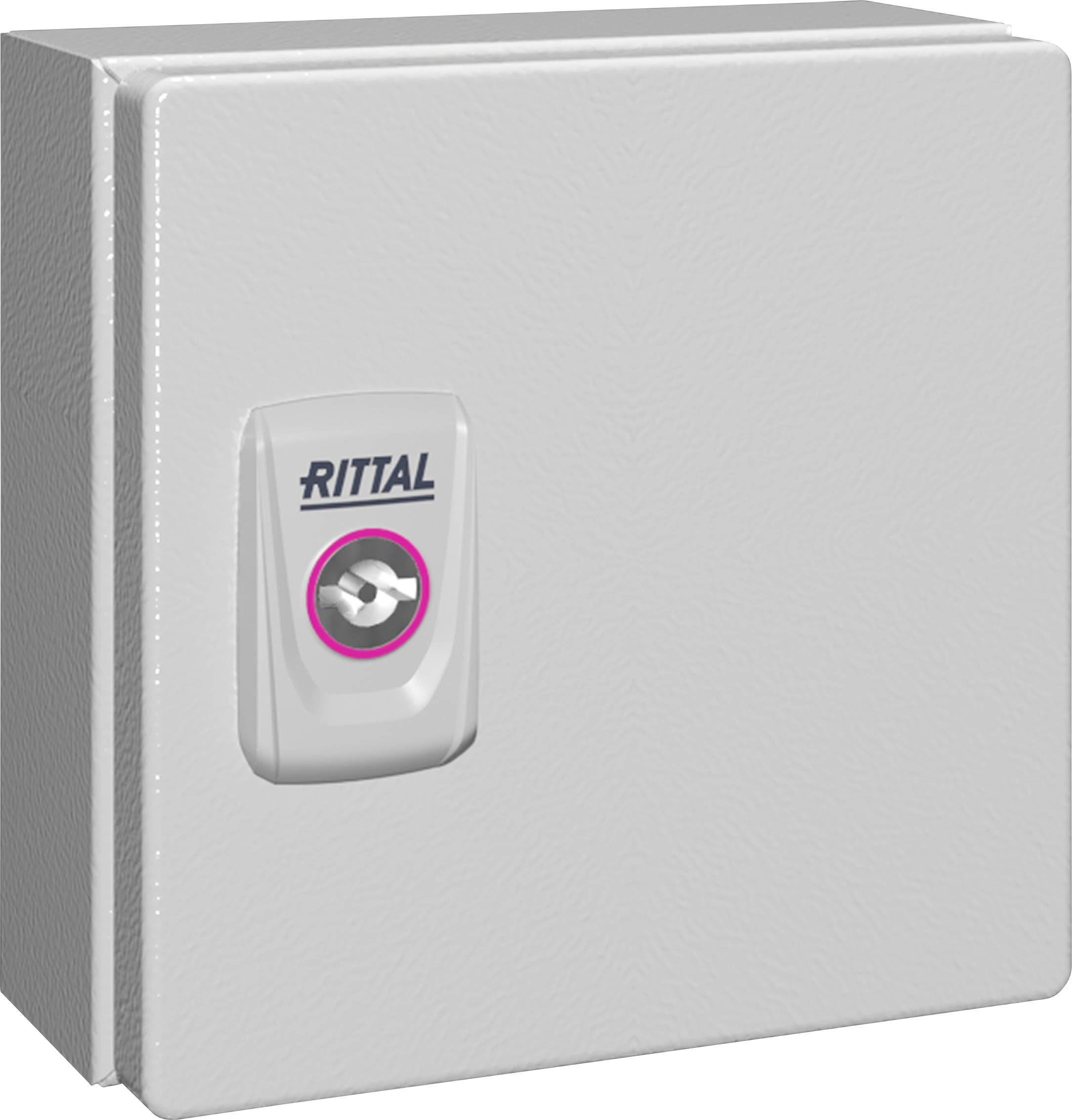 A grey Rittal electrical enclosure with a lock on the front, designed for the secure housing of electrical components.