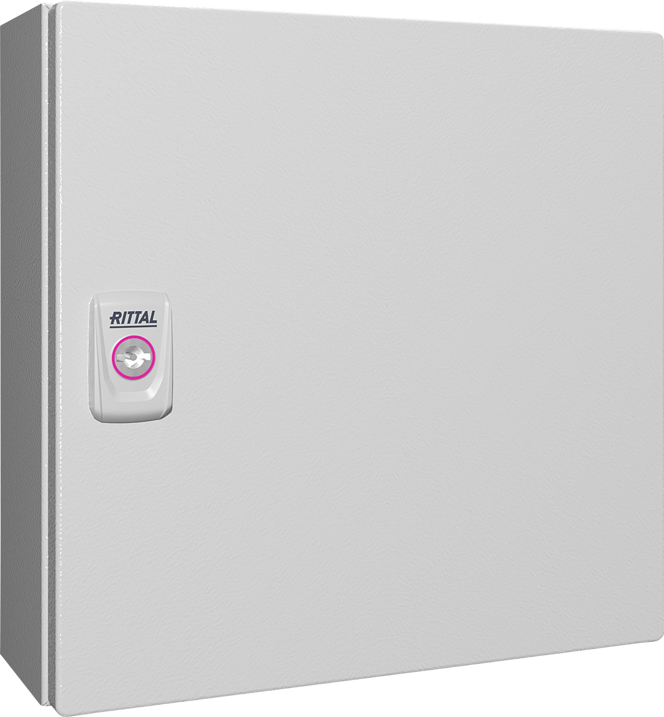 A white metal cabinet with a lever handle, branded 'RITTAL', is used for the secure storage of electrical components.