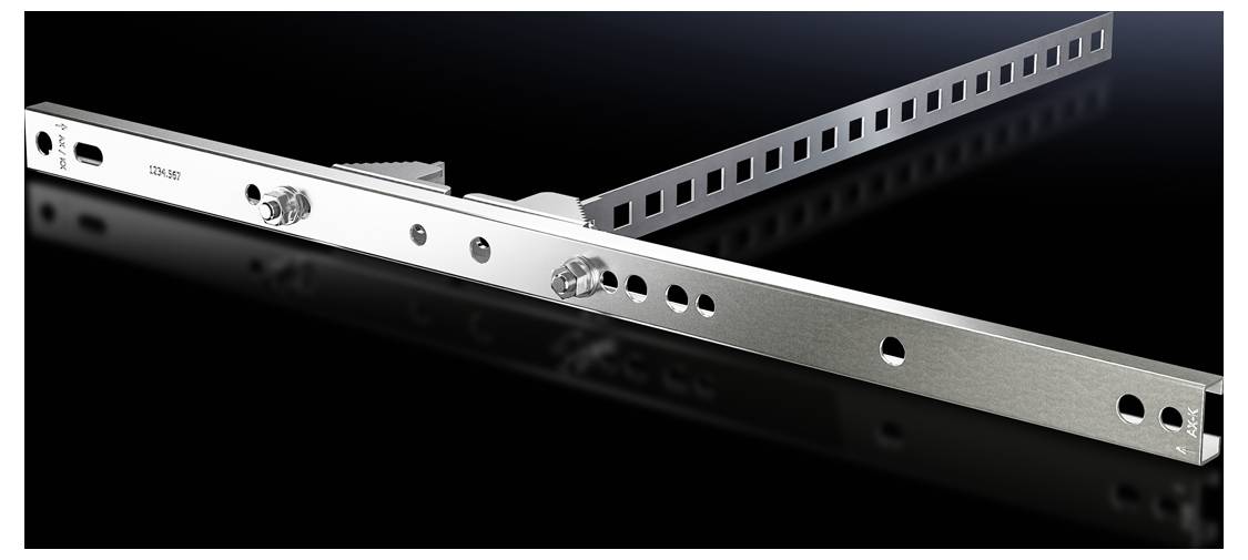 A gleaming metal L-profile with screws and holes, rests on a black surface. The profile could be used for mounting purposes.