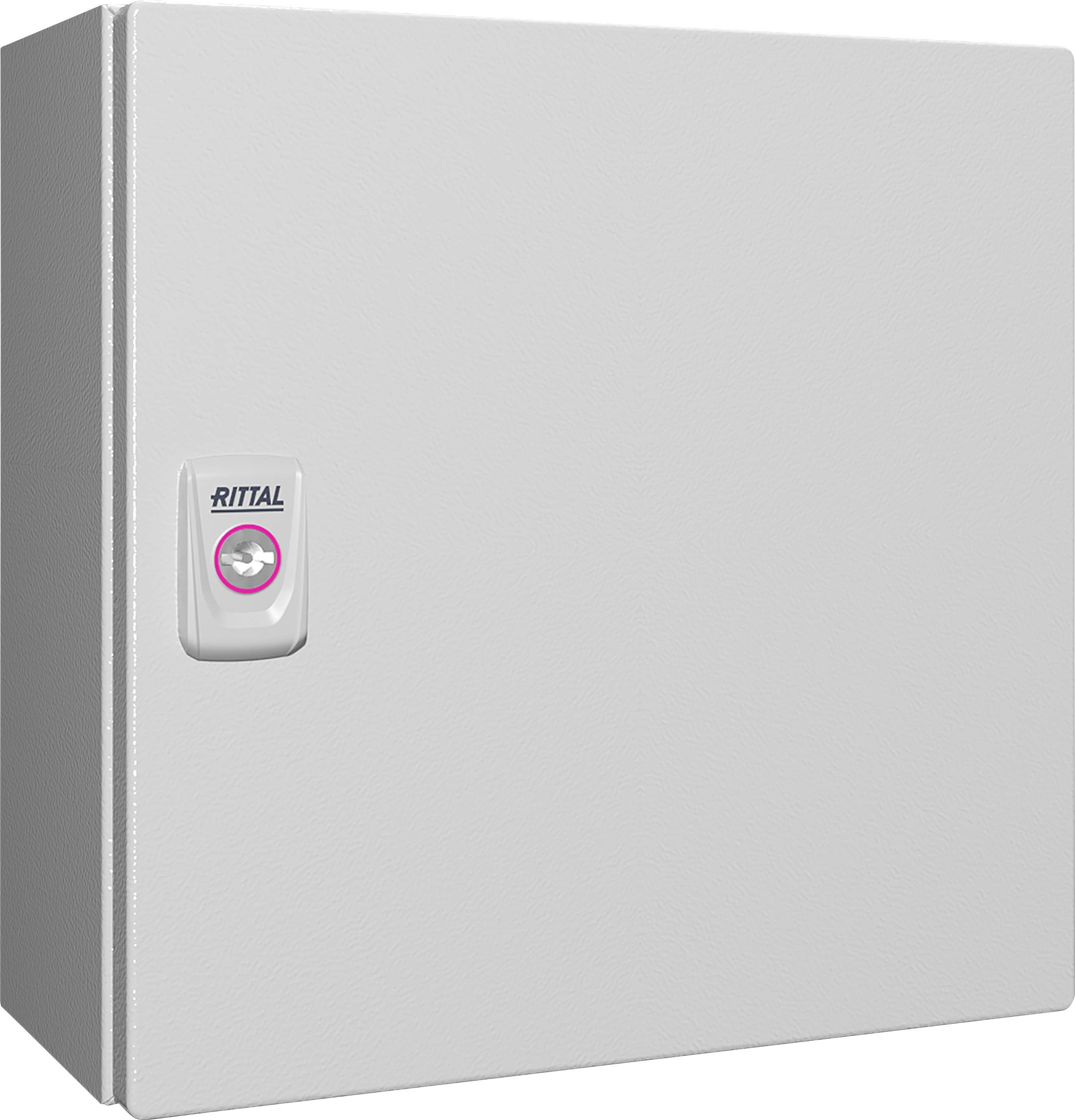 Grey enclosure with visible lock and 'Rittal' brand mark on the front side, without any discernible decorative details or other features.