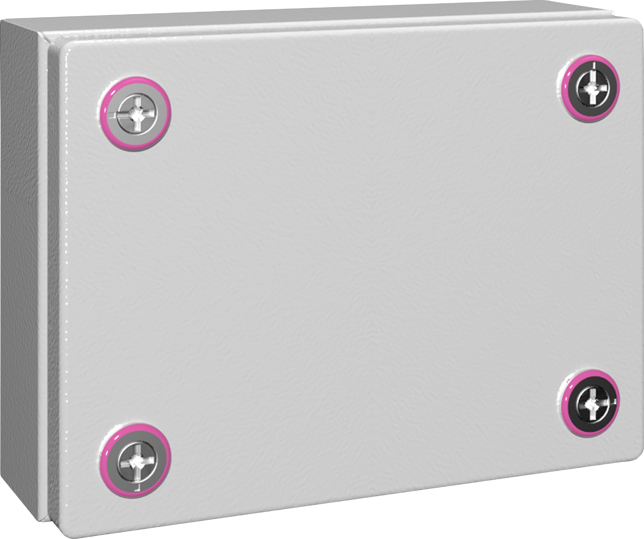 Grey powder-coated metal casing with four prominent screws at the corners, surrounded by pink rings.
