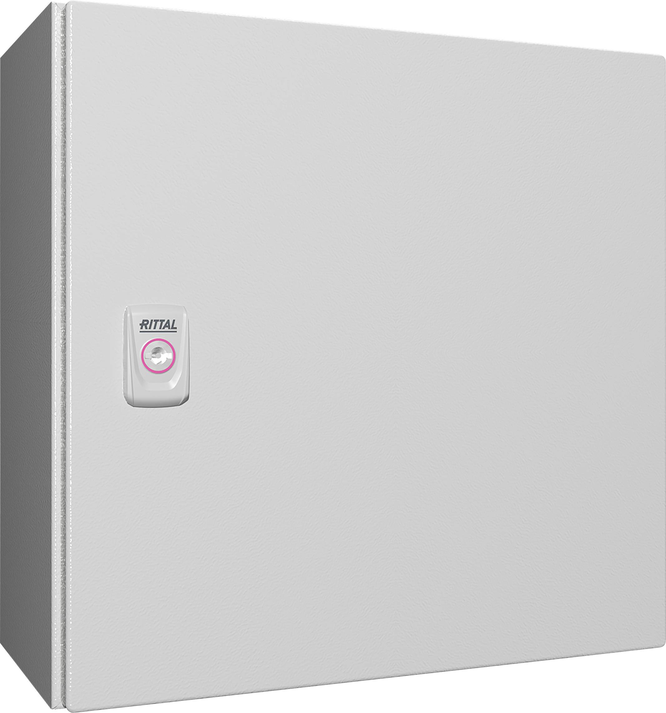 A square, grey electrical cabinet with a small, centrally positioned handle in the middle of the right-hand side; brand 'Rittal'.