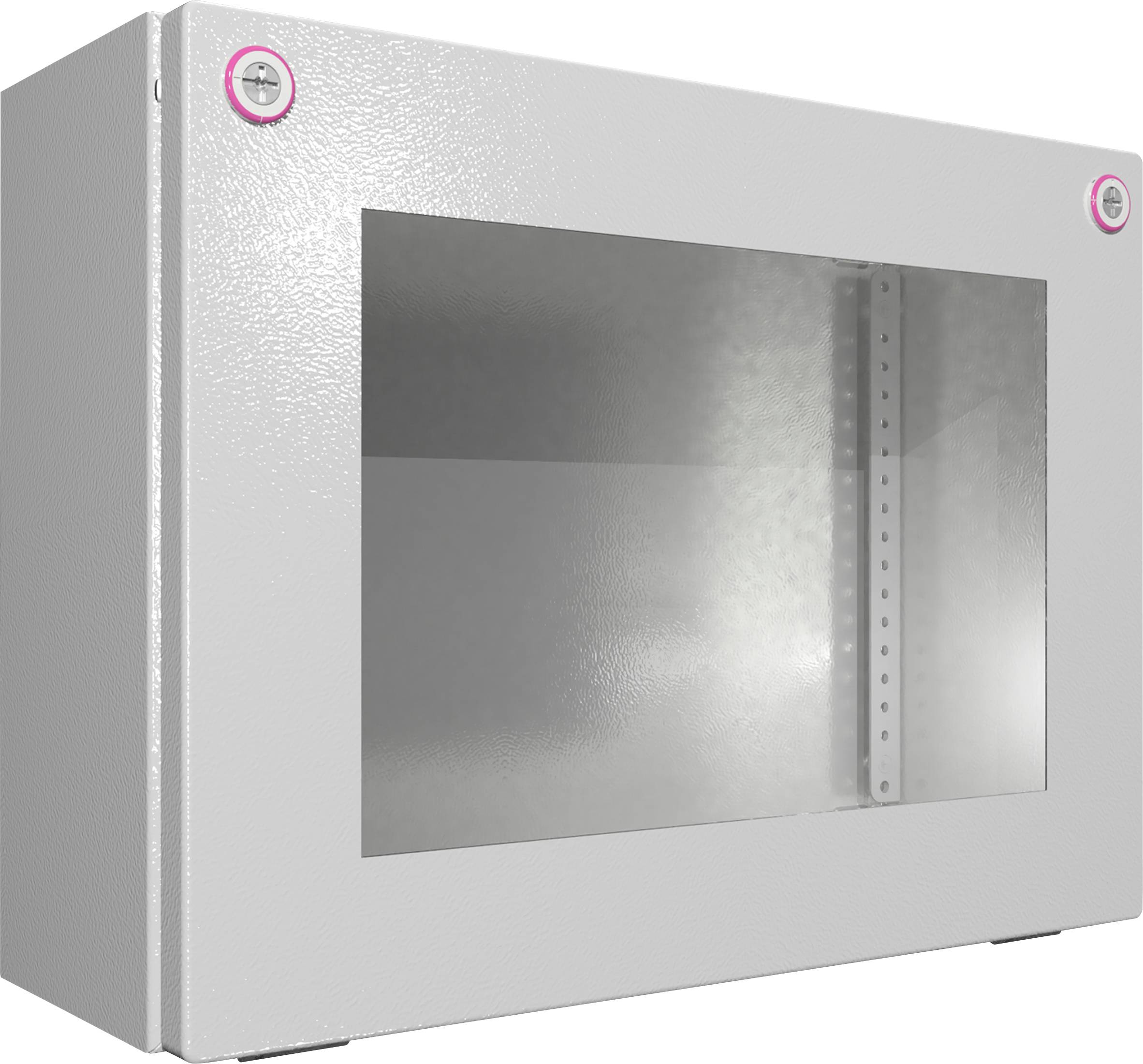 White metal box with a glass door that is partially transparent. Two metal locks are located in the top corners.