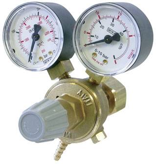 Pressure reducer with two pressure gauges to indicate inlet and outlet pressure. Regulator knob for setting the desired pressure.