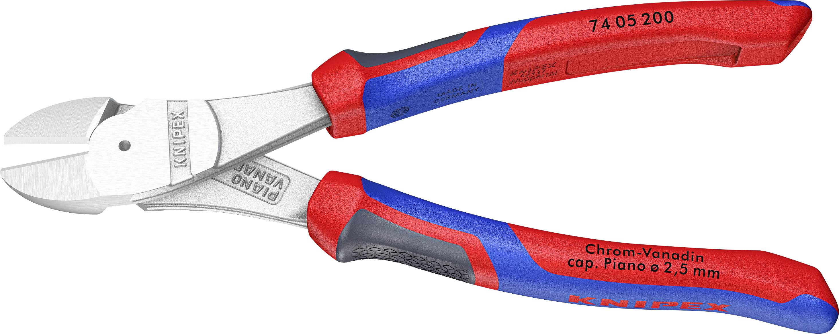 A blue and red pair of pliers with the inscription 'Piano 74 05 200'. The handles are ergonomically shaped. Suitable for cutting wires.