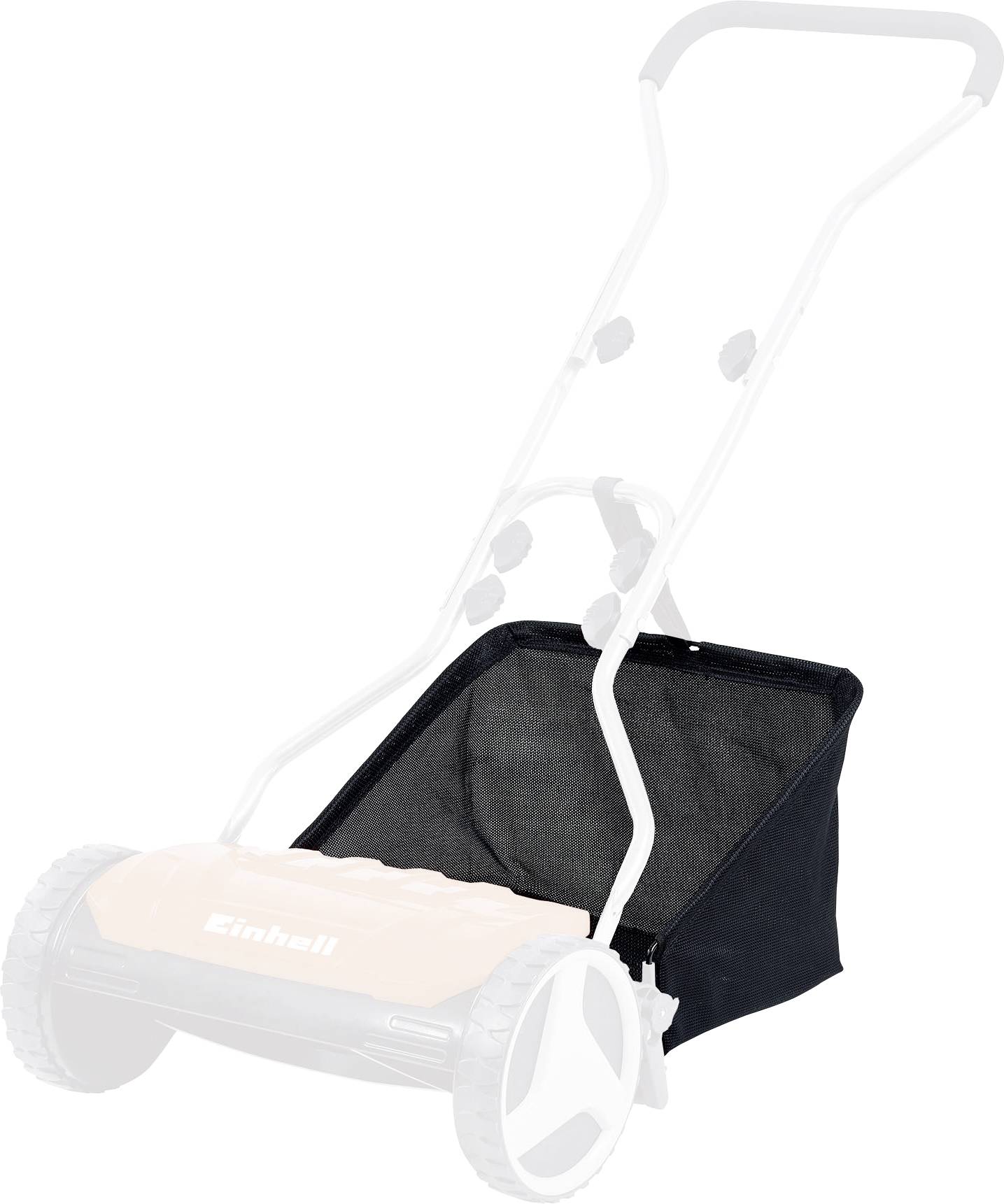 Lawn mower with a black collection basket, white frame and two large wheels.