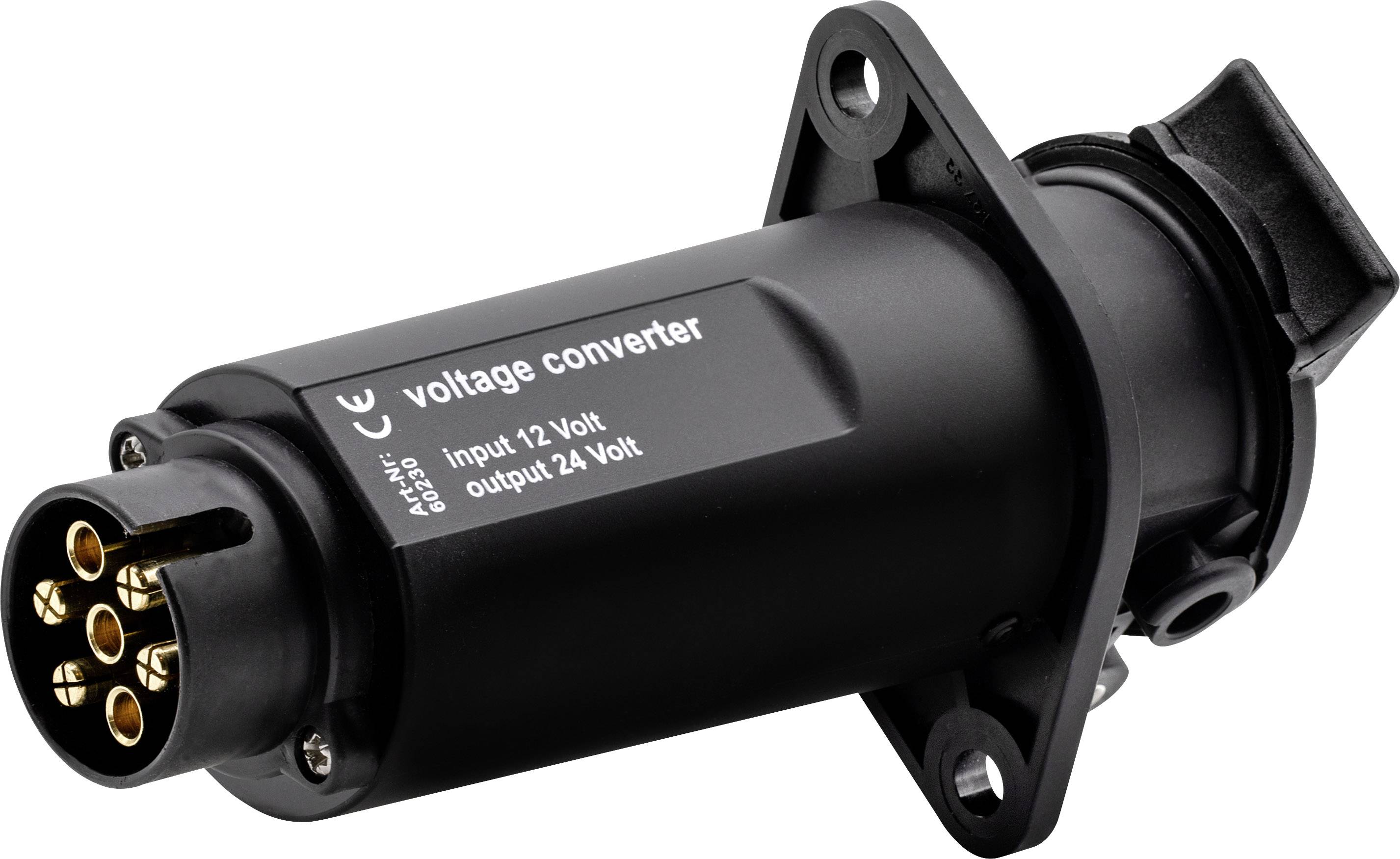 'Voltage Converter: Input 12 Volts, Output 24 Volts.' A cylindrical, black device with multiple connectors at the end.