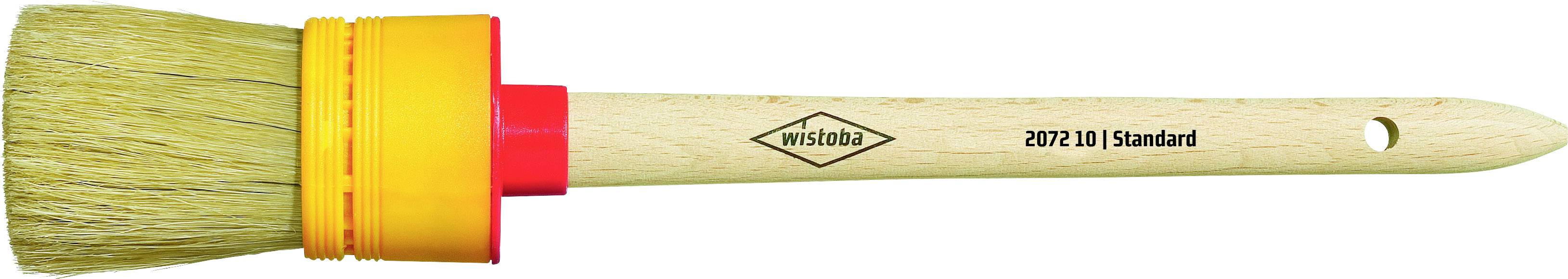 Round flat paintbrush with yellow and red head, wooden handle with inscription 'wistech 2023 E.0J Standard'. Suitable for painting or varnishing.