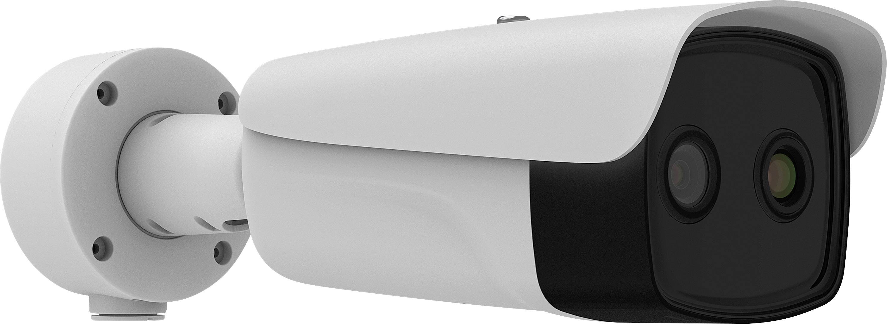 A white surveillance camera with a pivoting arm, mountable on walls, highlighted by focus lenses on the front.