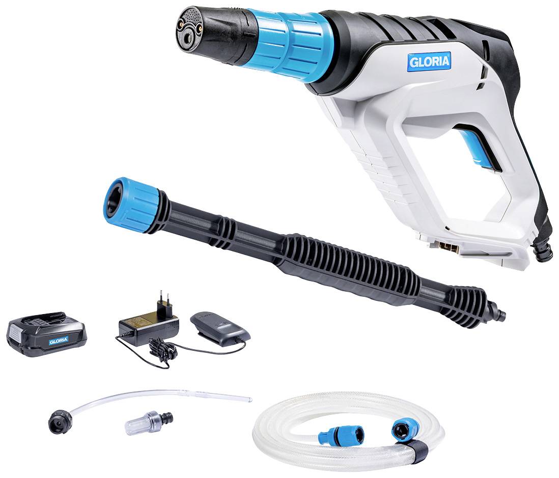 Portable pressure washer with accessories: gun, lance, hose, charger and adapter. 'Gloria' brand clearly visible.