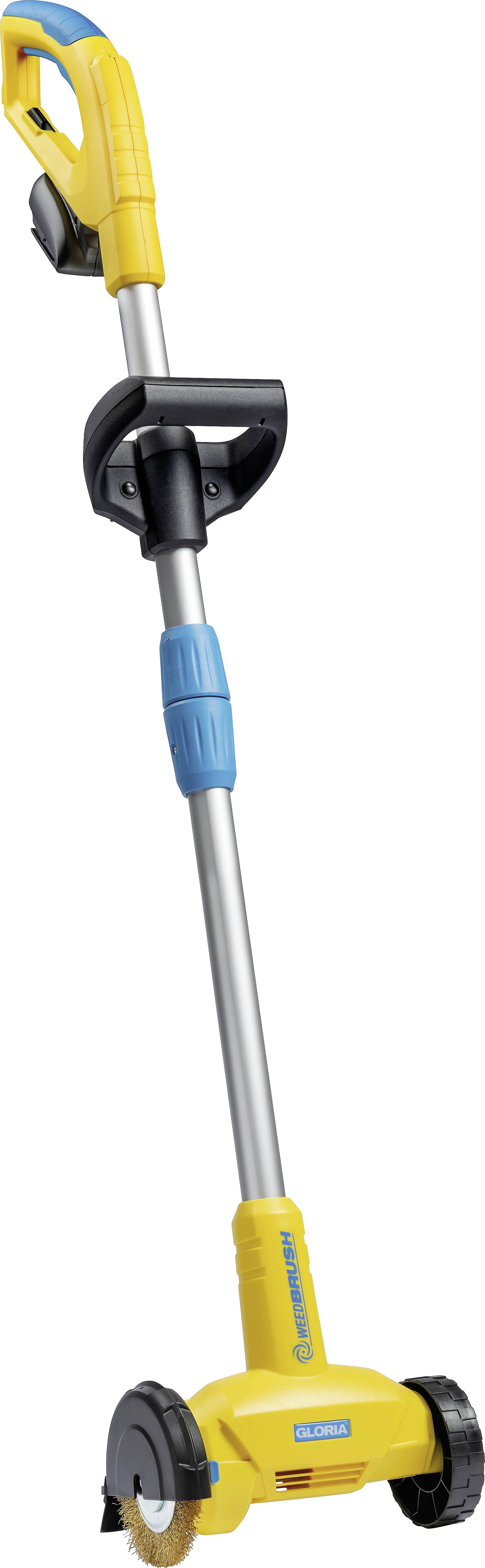 A yellow electric weed brush cleaner with a long handle, an ergonomic grip, and two guiding wheels.