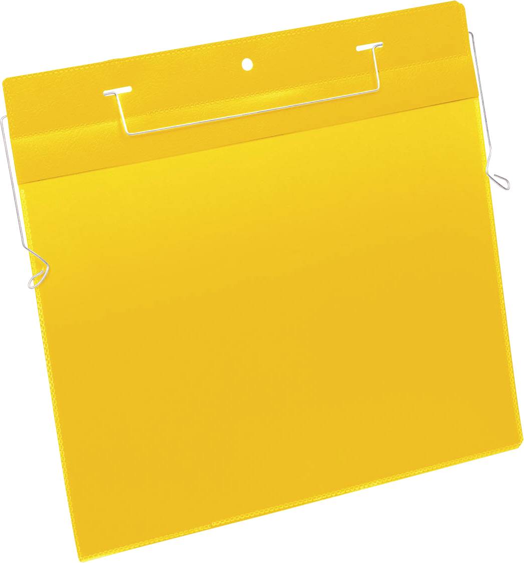 A yellow hanging file folder with metal hooks, empty.