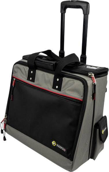 A grey trolley with black accents, zip compartments and an extendable handle, primarily for transportation.