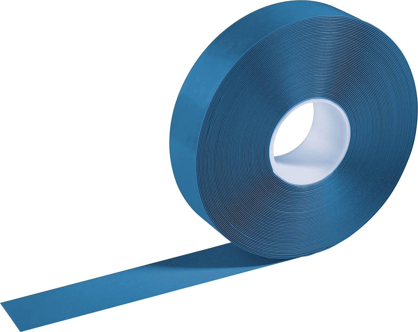 A roll of blue adhesive tape with an unrolled section of tape, on a white background.