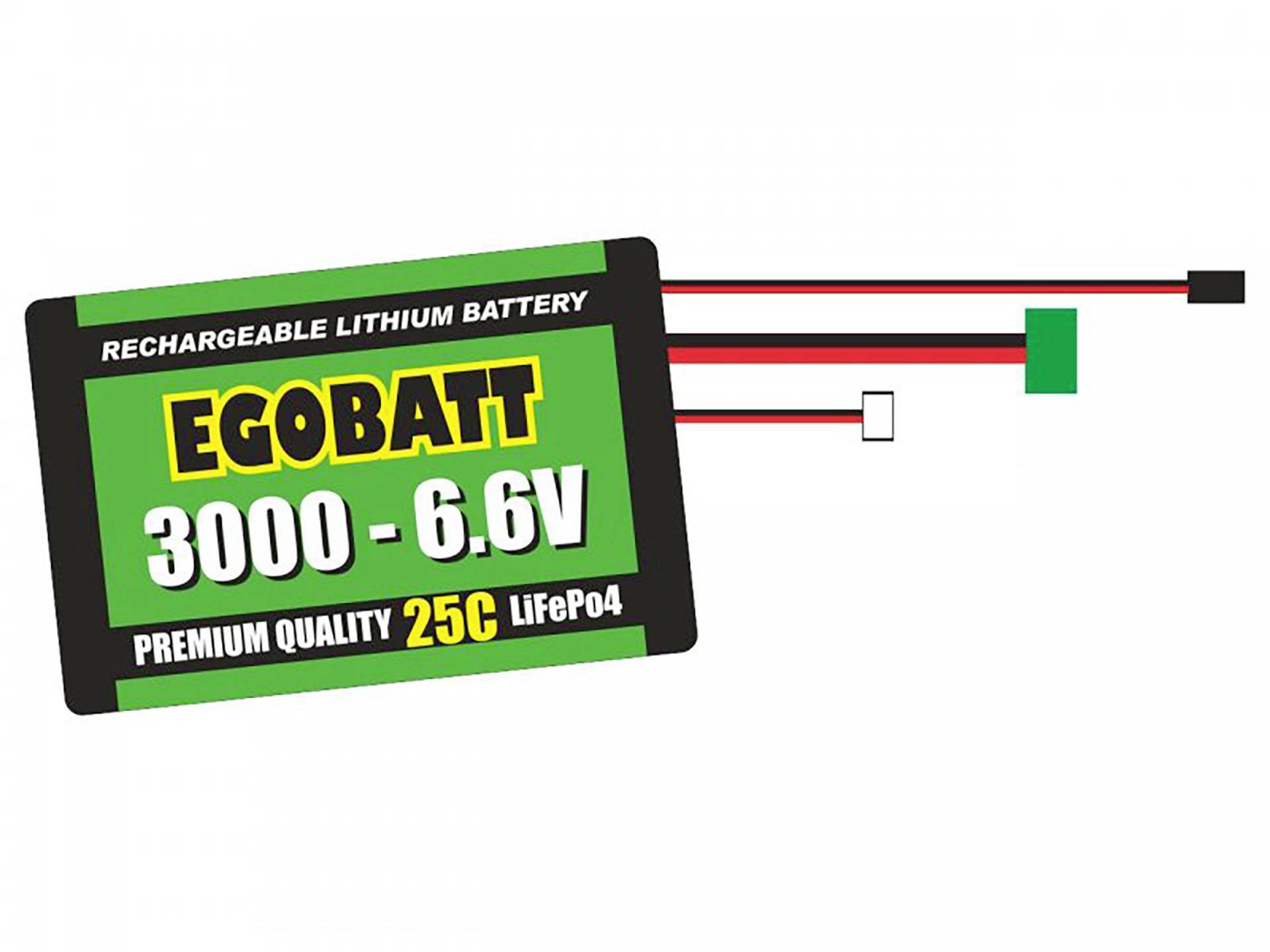 Battery illustration with the inscription 'RECHARGEABLE LITHIUM BATTERY EGOBATT 3000 - 6.6V PREMIUM QUALITY 25C LiFePo4', with three cables leading from the battery connection.