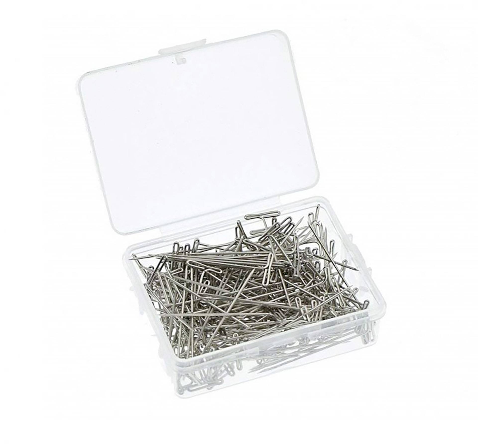 A small, transparent plastic box filled with silver splints used for securing fasteners.