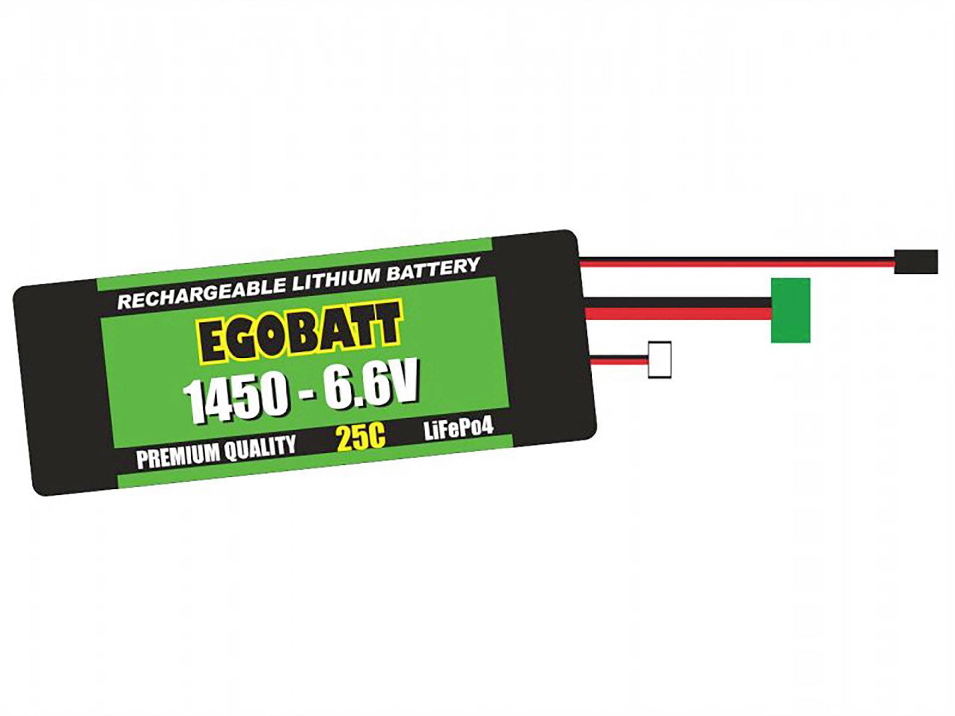 A rechargeable lithium battery labelled 'EGOBATT 1450 - 6.6V, PREMIUM QUALITY, 25C, LiFePo4'.