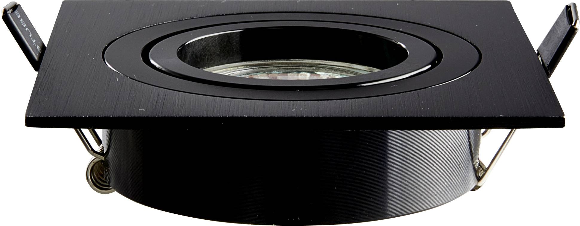 Square, black LED recessed light with circular light aperture, suitable for modern ceiling installations.