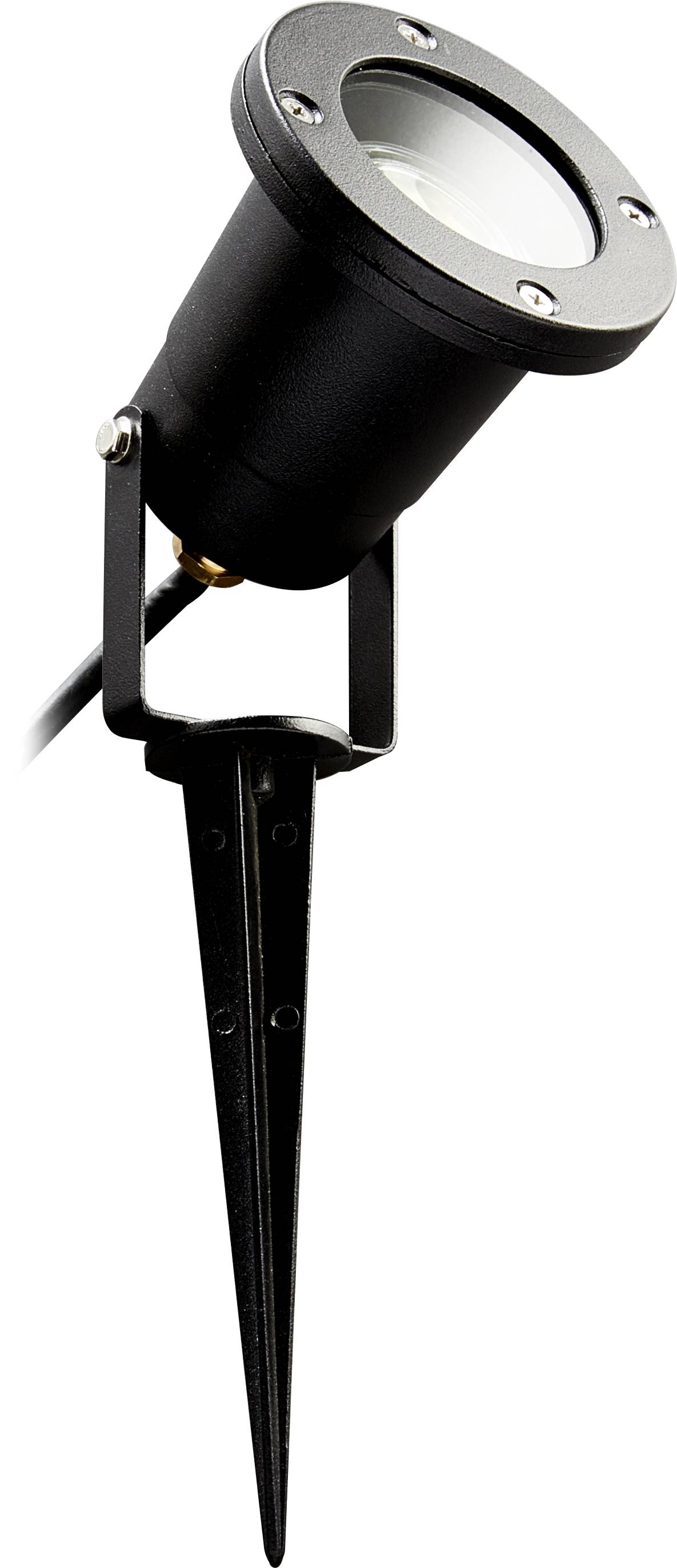 Black outdoor ground spike light, suitable for garden illumination. It features a round housing and is mounted on a ground stake.