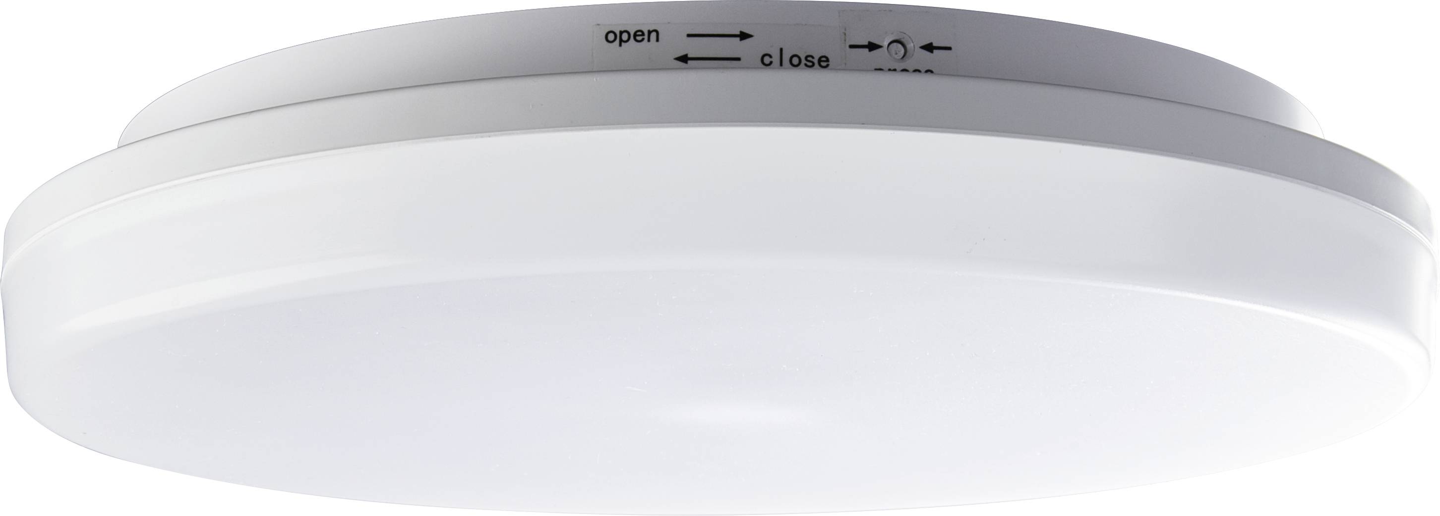 A round, white ceiling light with a labelled frame for 'open' and 'close'. Ideal for modern interior design.