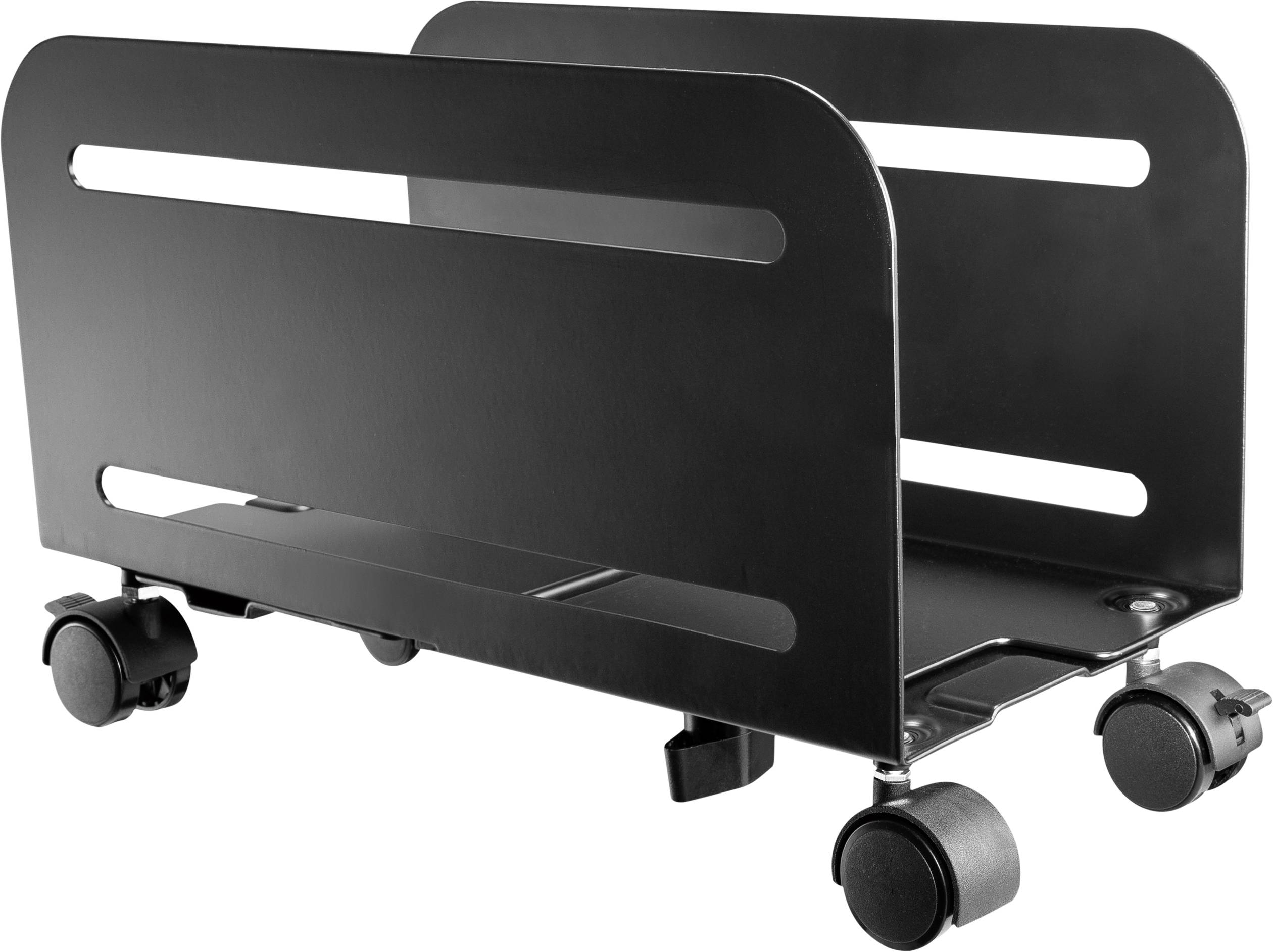 Black, mobile computer stand with castors, suitable for housings of any type, provides easy movement and stability.