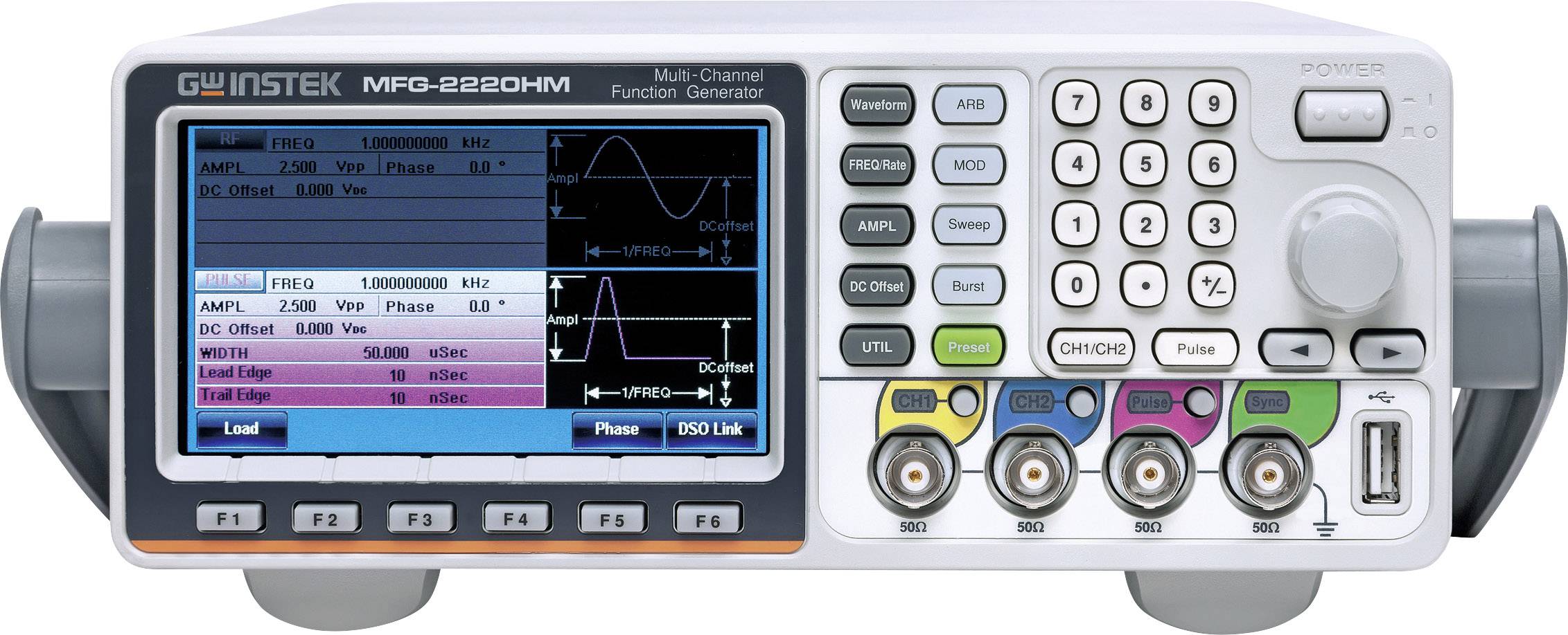'Multi-channel Function Generator' displays waveforms on a display. Various controls are located on the right-hand side.