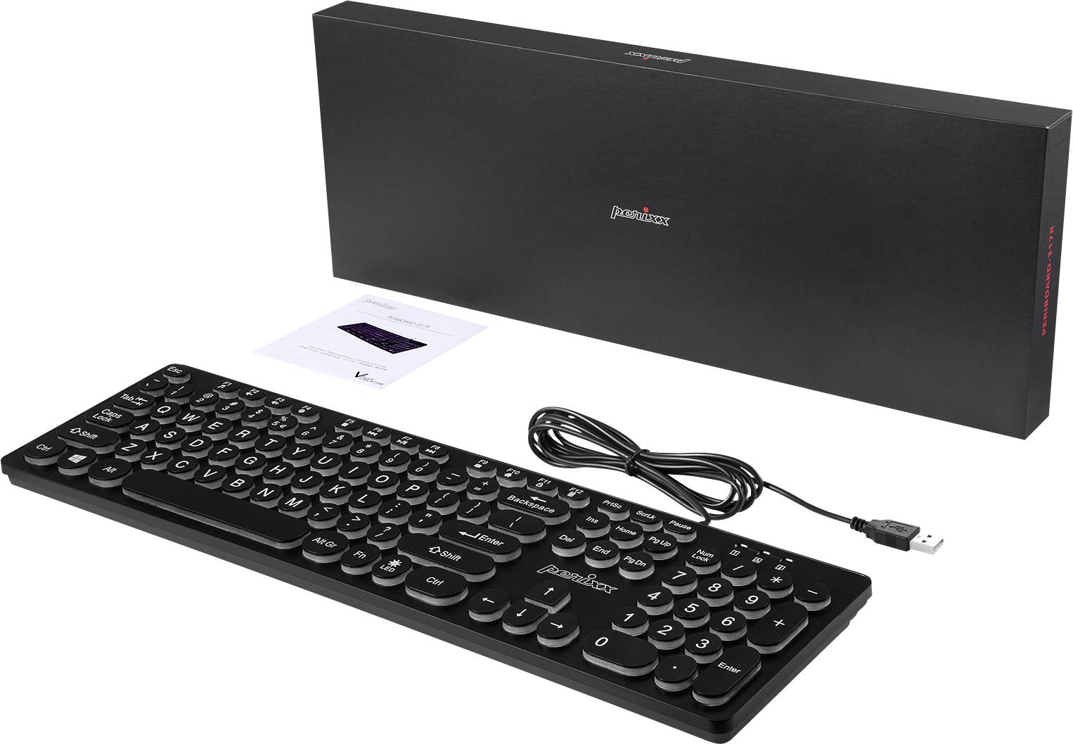 Black wired keyboard with round keys, next to a black box and an instruction manual on a white background.