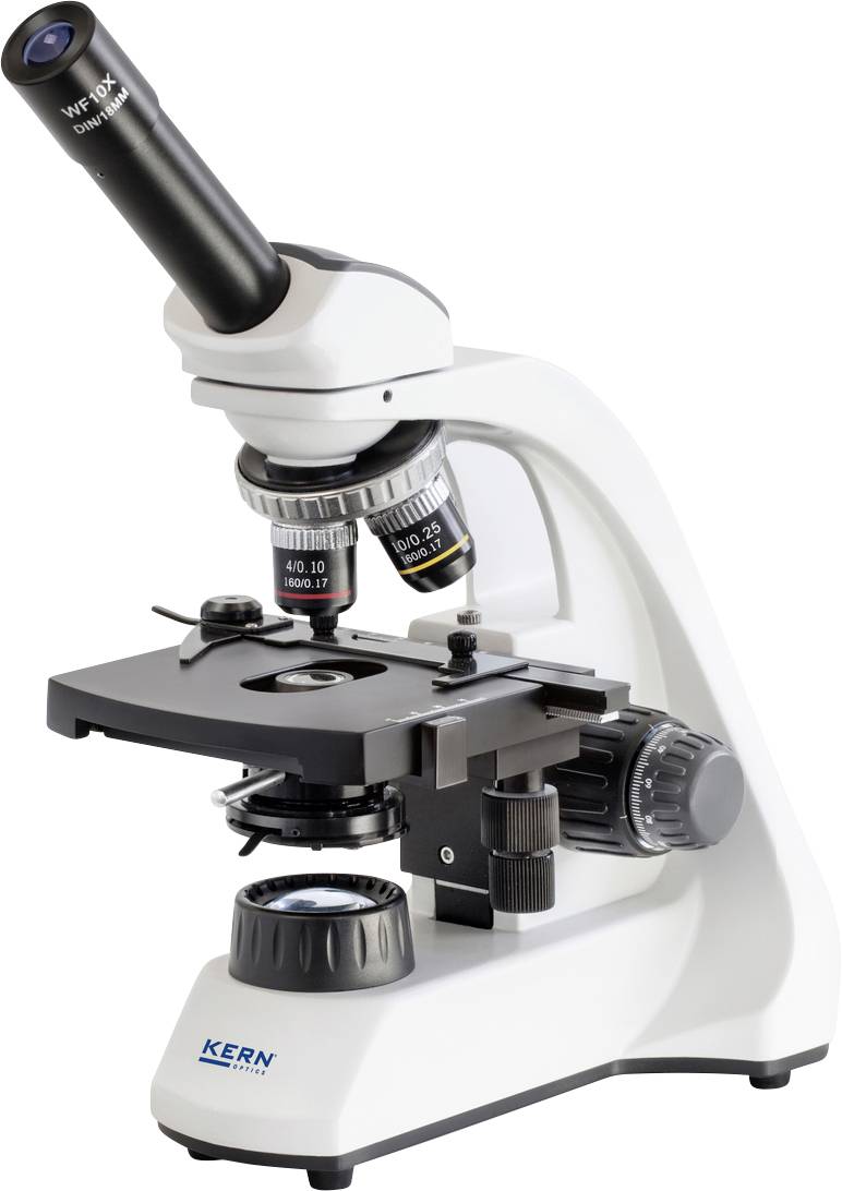 A white light microscope with multiple objectives and an eyepiece, suitable for biological scientific investigations.