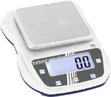 Digital kitchen scales with LCD display showing 0.0 grams. Weighing surface made of metal, housing in white with a blue button visible.