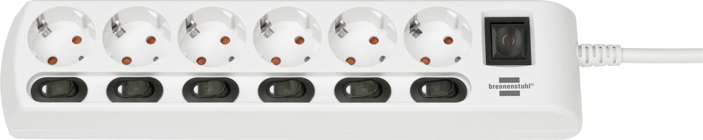 White six-outlet power strip with individual black on/off switches and a red master switch on the right, plugged into a cord.
