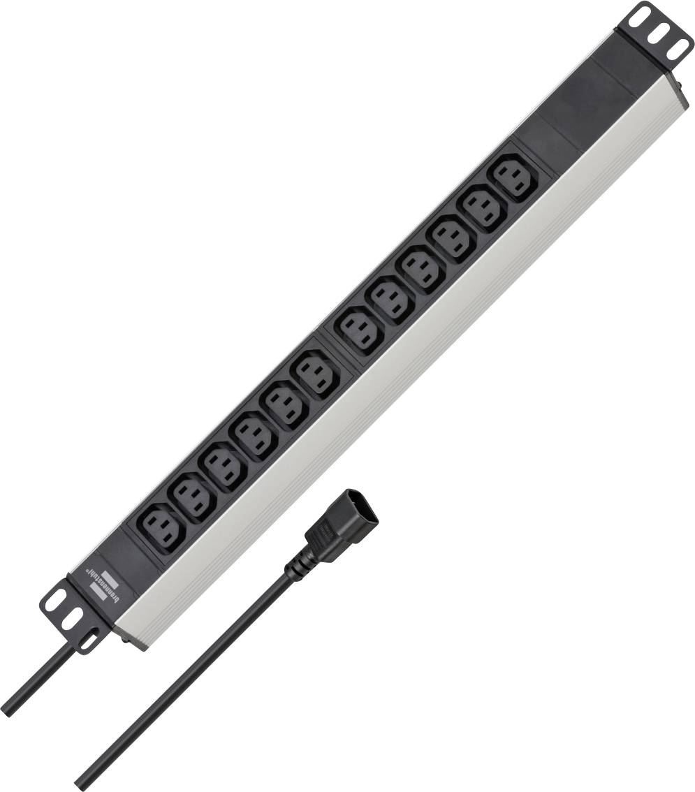 Rackmount power strip with multiple AC outlets and a power cord, shown diagonally on a white background.