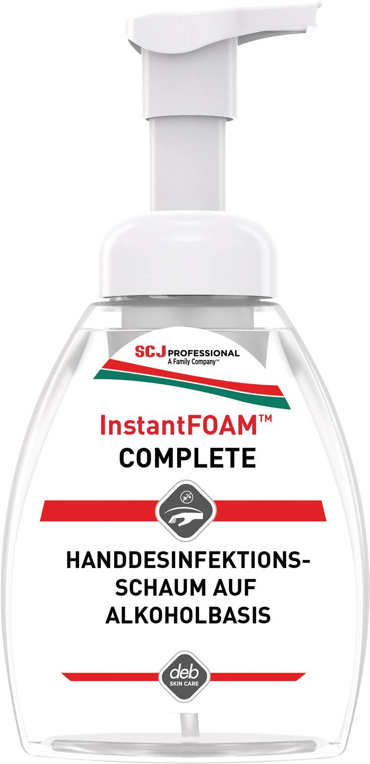 A transparent dispenser for hand sanitiser foam. Label: 'Alcohol-based hand sanitiser foam'.