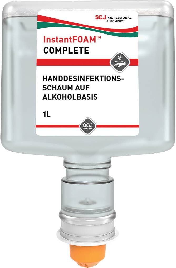 'InstantFOAM Complete Alcohol-Based Hand Sanitising Foam, 1L.' A container of colourless hand hygiene disinfectant foam.