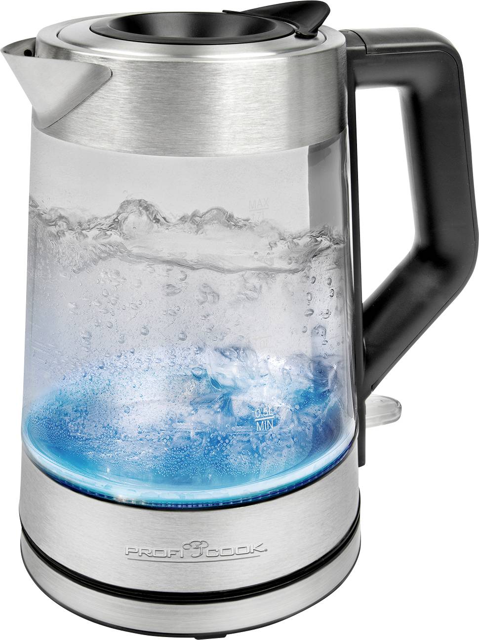 A stainless steel and glass kettle with blue LED lighting shows boiling water inside.