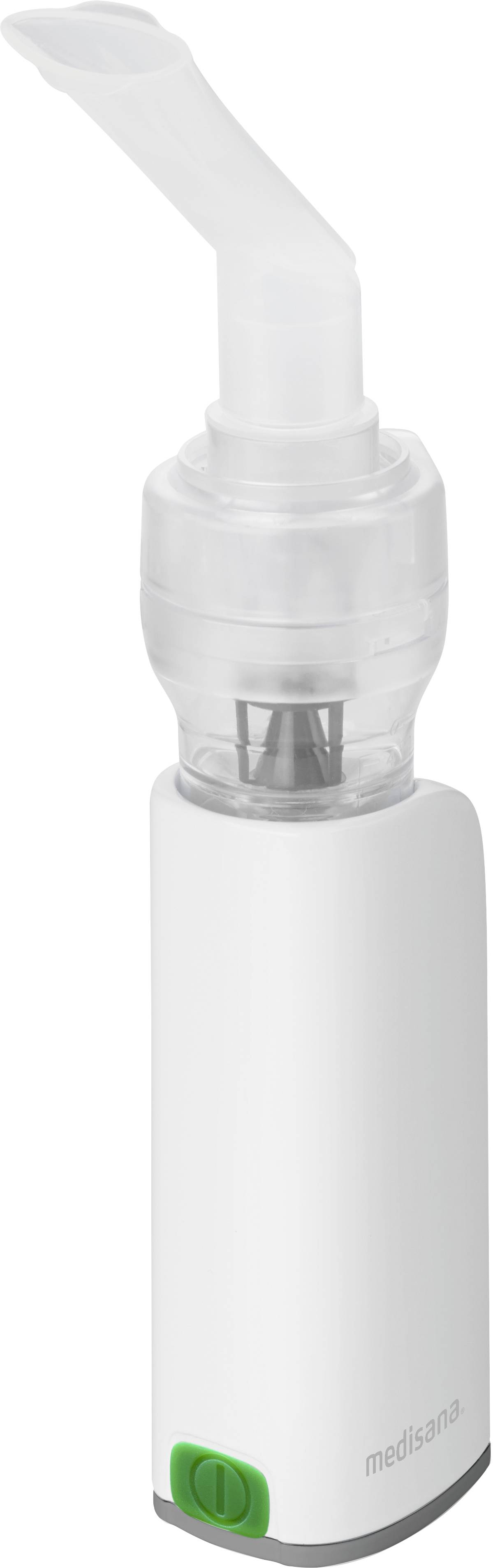 White inhaler with a green power button, suitable for medical applications or personal respiratory therapy.