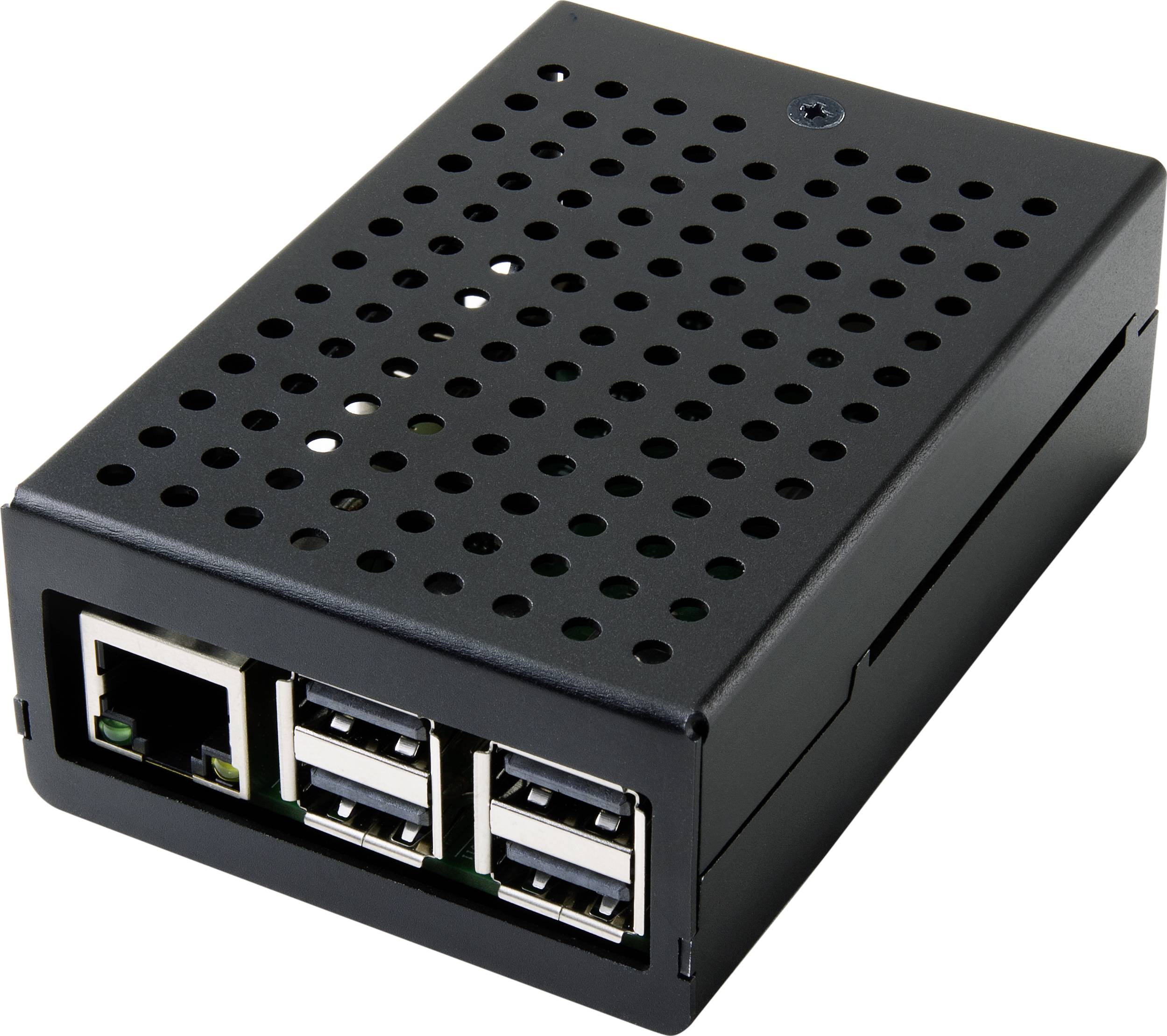 Small black computer with ventilation holes, network connection and four USB ports on the front. Device used for data processing.(Note: This translation is already in British English, so no significant changes were required.)