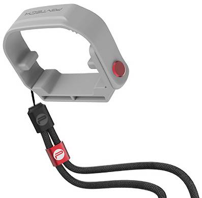 A grey plastic handle with a red button and black loop. Designed for use with a camera.