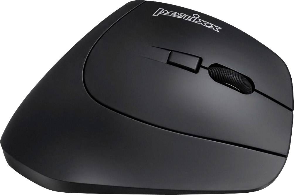 Black ergonomic computer mouse with visible scroll wheel and two buttons, designed for comfortable working.