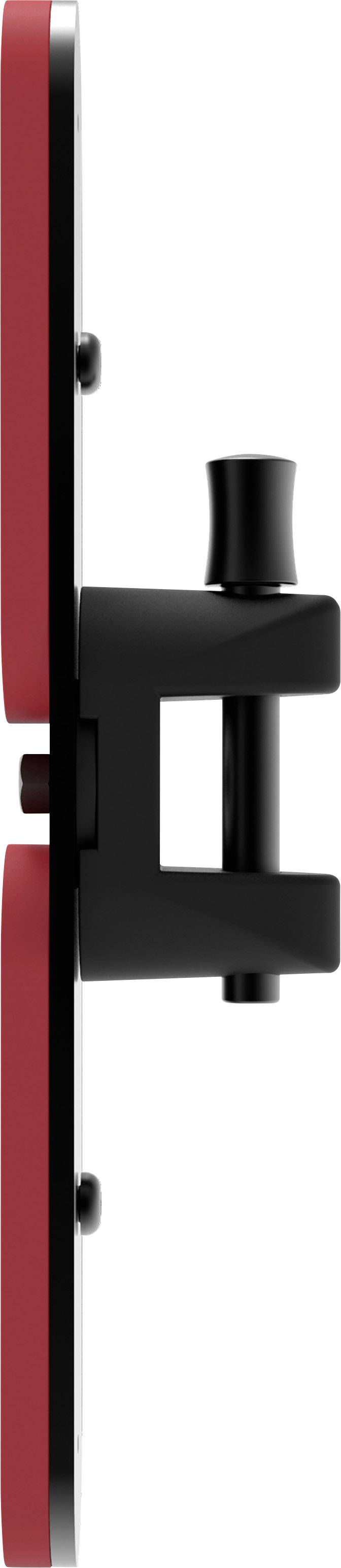 Side view of a red and black electronic wall mount with two overlapping discs and a central attachment.
