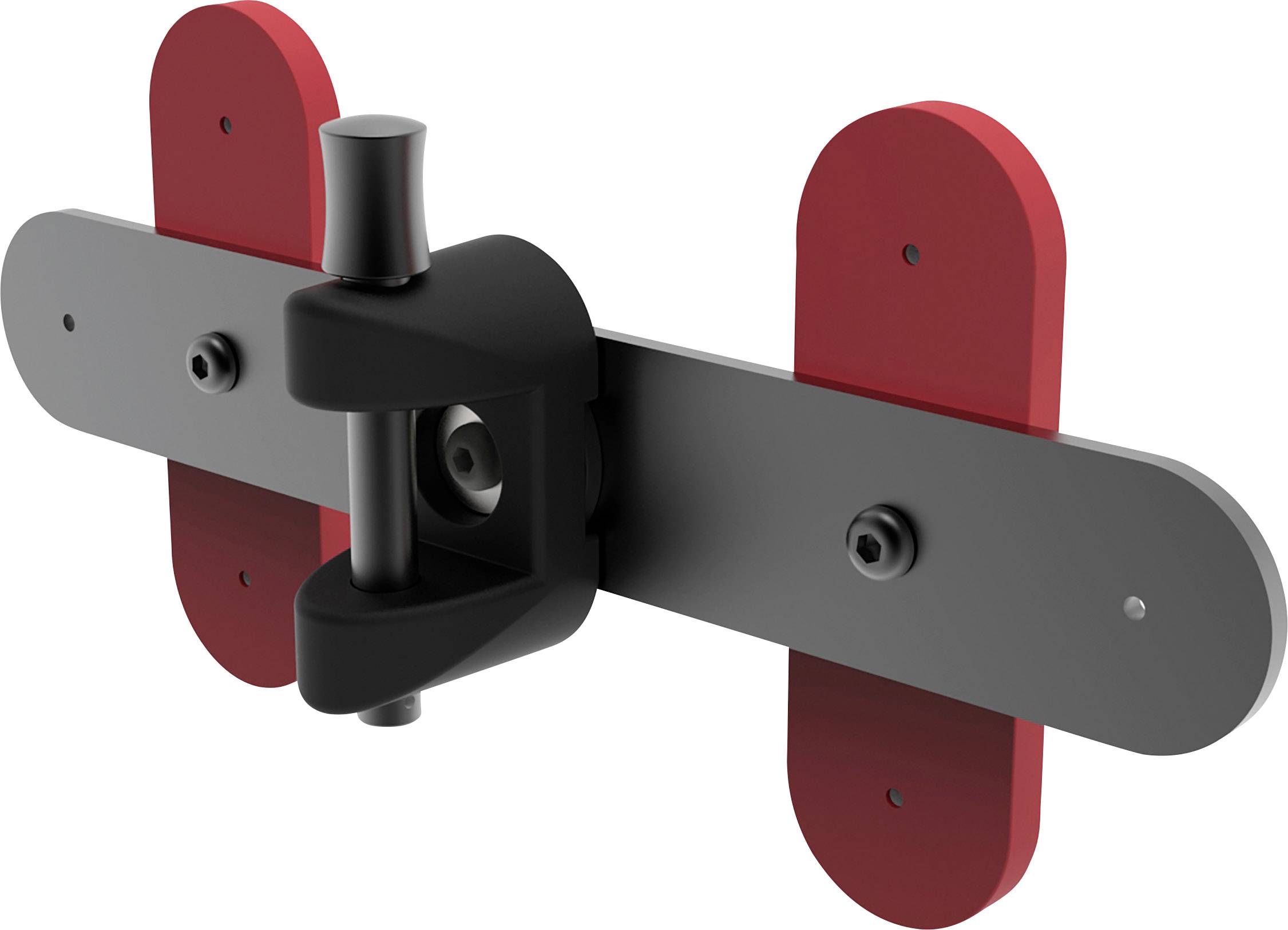 Metal door security in black and red, consisting of a central lock and two side plates for enhanced security.