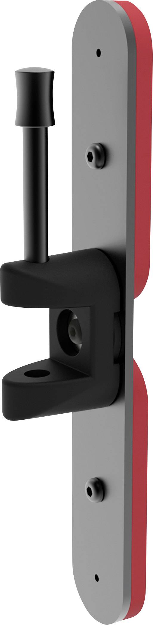 A black and red bolt with a sliding lock mechanism, mounted on doors or windows for security.