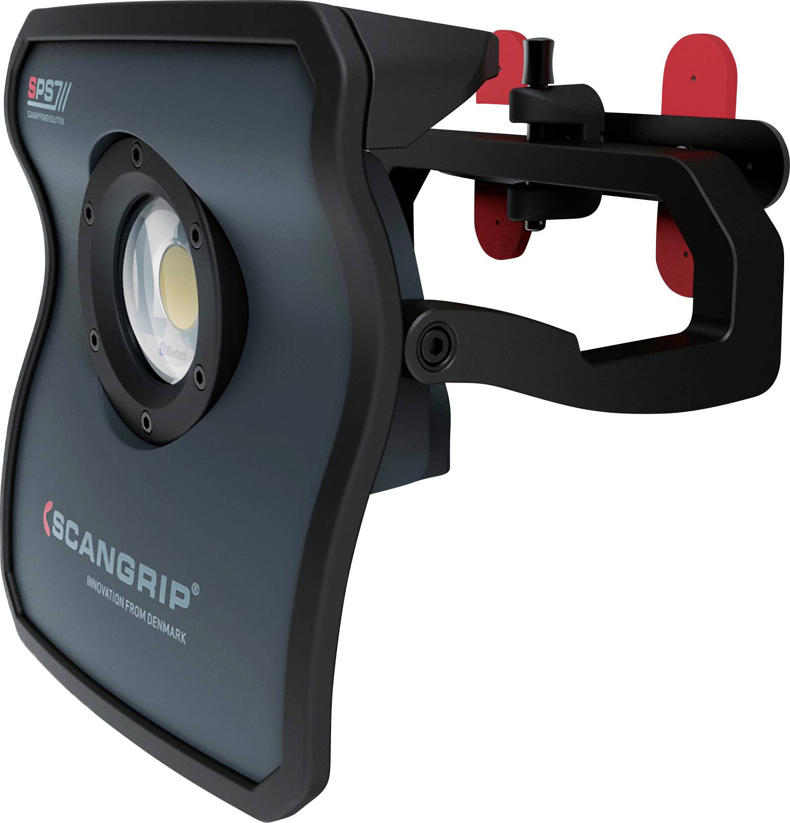 A black LED work light with a mounting bracket, suitable for attachment to machinery or workshops. 'SCANGRIP' brand name visible.