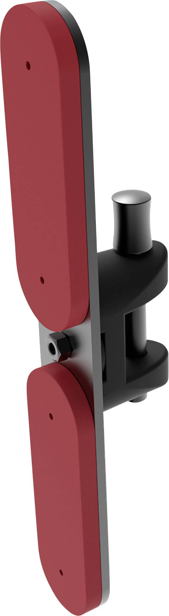 Red plastic component with two flat rectangular plates, vertically aligned and attached to a black mounting mechanism.